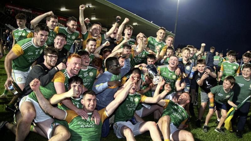 Dungannon Clarke&#39;s players celebrate after defeating Trillick in the Tyrone SFC final to lift the O&#39;Neill Cup at Healy Park in Omagh on Sunday Sep 20 2020 Picture by Seamus Loughran. 