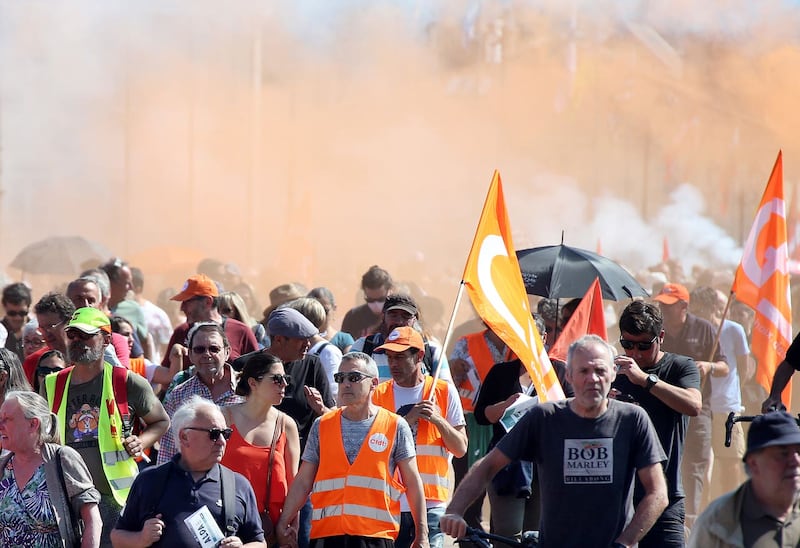 Protesters march during a rally in Bayonne, south-western France