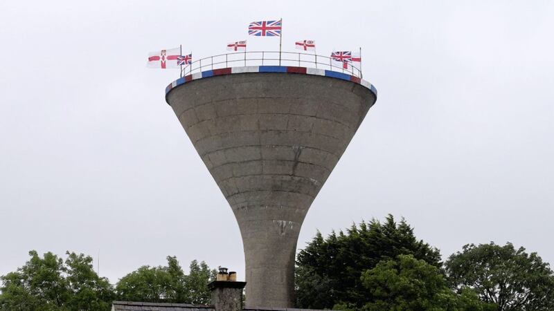 Rathfriland water tower in where union and Northern Ireland flags have been placed. Picture by Mal McCann 