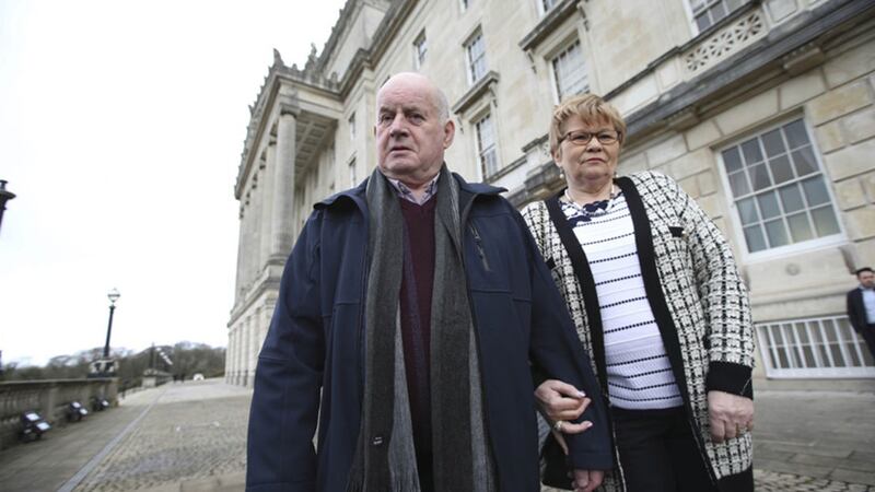 The mother and father of Paul Quinn, Breege and Stephen Quinn, pictured at Stormont today. Picture by Hugh Russell&nbsp;