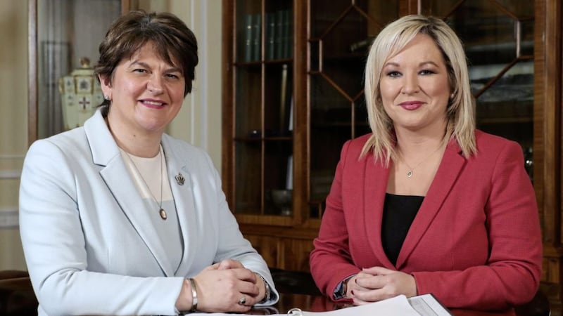 First Minister Arlene Foster with Deputy First Minister Michelle O&#39;Neill at Parliament Buildings on Saturday. Picture by Kelvin Boyes  