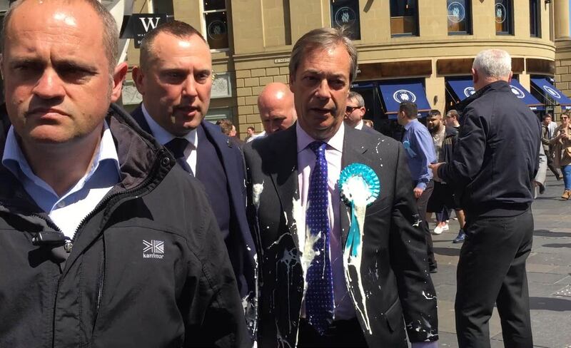 Nigel Farage was doused in milkshake during a campaign walkabout