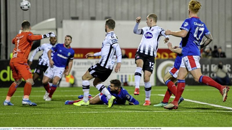 Action from the Unite the Union Champions Cup second Leg match between Dundalk and Linfield at Oriel Park in Dundalk on Monday night, which was marred by some unsavoury chants 