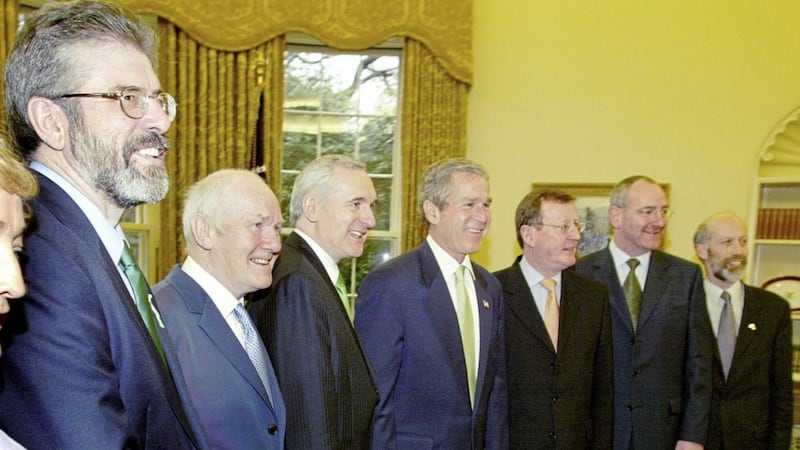 President George W Bush meeting the leaders of the Republic and Northern Ireland in the Oval Office on March 13 2002. From left to right Gerry Adams; John Reid; Bertie Ahern; President Bush; David Trimble; Mark Durkan and David Ford. Picture by Doug Mills, Associated Press 
