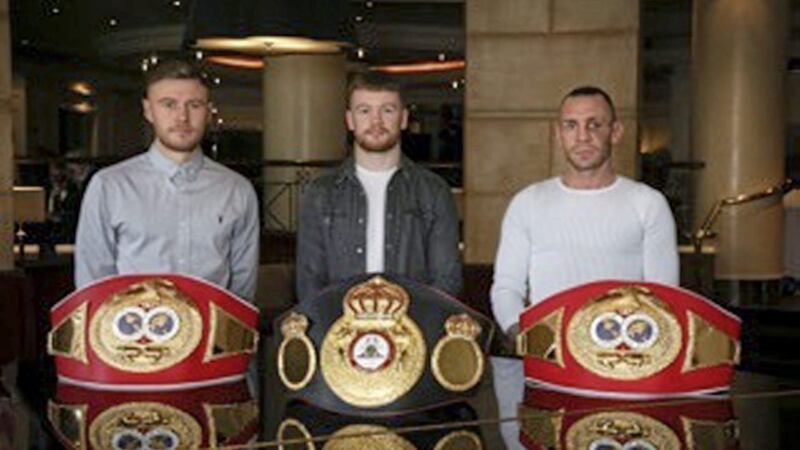 Paul Hyland (left) pictured with MHD Promotions stablemates James Tennyson (centre) and Ronnie Clark (right) hopes to challenge Lewis Ritson in the summer 