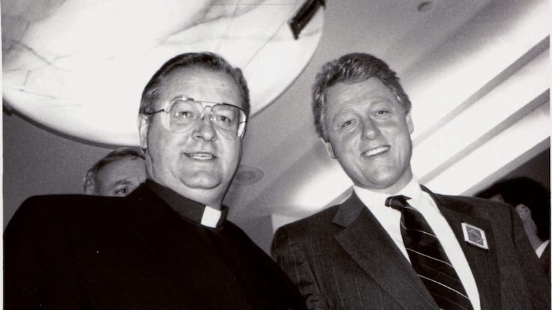 Fr Sean McManus pictured with Bill Clinton in 1992 