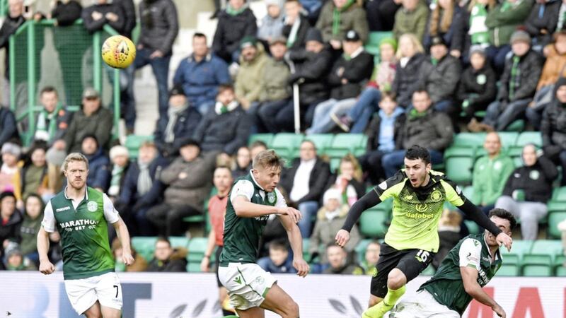 Hibernian&#39;s Stevie Mallan tackles Celtic&#39;s Lewis Morgan with Sean Mackie in support during the Ladbrokes Scottish Premiership match at Easter Road, Edinburgh Picture by Ian Rutherford/PA   