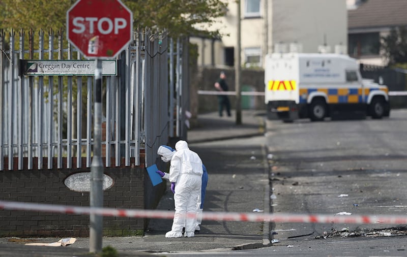 The scene in Derry following the death of 29-year-old journalist Lyra McKee who was shot and killed in what police are treating as a &quot;terrorist incident&quot; . Picture by Brian Lawless, PA Wire&nbsp;