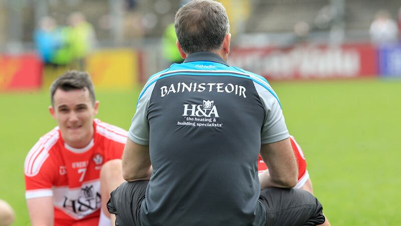 <span style="font-family: Arial, sans-serif; ">Derry manager Damian Barton after being beaten by Tyrone during the Ulster Senior Football Championship quarter final. Picture by Margaret McLaughlin.</span>