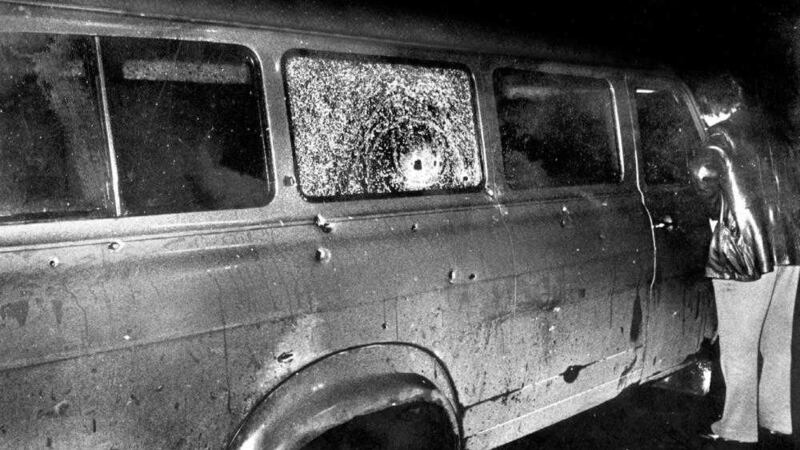 The bullet-riddled minibus after the January 1976 Kingsmill massacre 