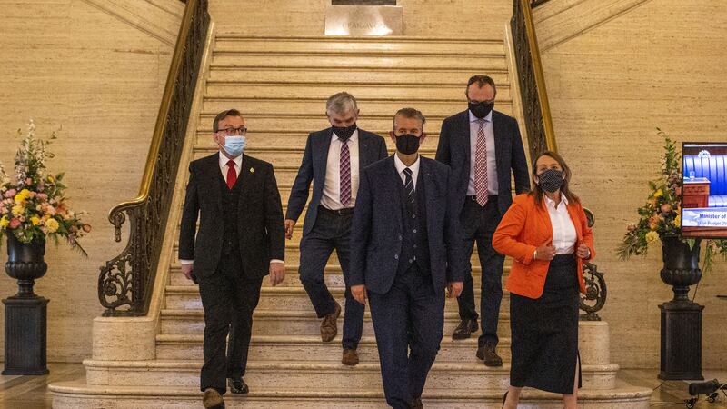 Leader of the DUP Edwin Poots (centre) with (left to right) Christopher Stalford, Thomas Buchanan, Keith Buchanan, and deputy leader Paula Bradley at Stormont to announce his first ministerial team. Picture by Liam McBurney/PA Wire&nbsp;