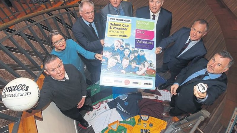 HAVING A BALL Pictured at the launch of The Irish News School, Club and Volunteer Awards are, (clockwise from left), Raymond Tumilty (O&rsquo;Neills), Denise Hayward (Volunteer Now), Brian McAvoy (Ulster GAA), Thomas Hawkins (The Irish News Sports Editor), Ruairi Cunningham, (Strathroy Dairy), Declan Cunnane (NI Chest, Heart and Stroke) and Malachy Toner (Wellington Park Hotel)&nbsp;