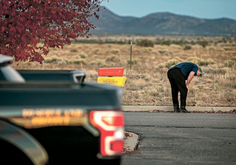 A distraught Alec Baldwin in the car park outside the Santa Fe County Sheriff's Office 