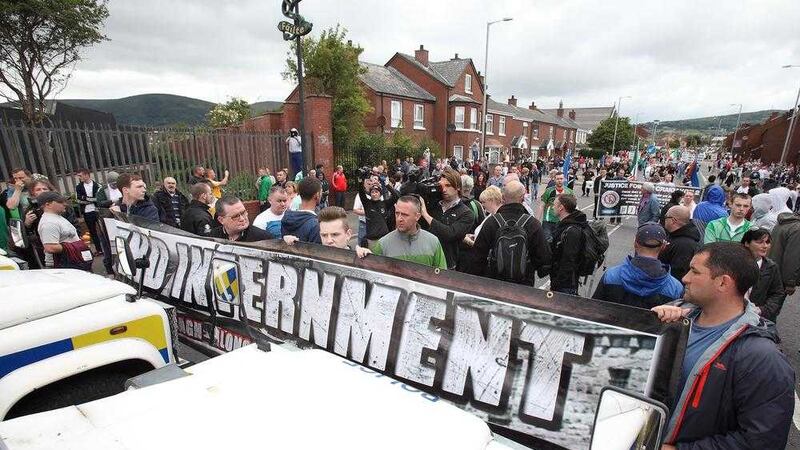 The PSNI stop an anti-internment parade at Oldpark north Belfast last August 