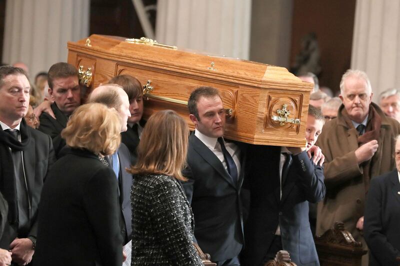 The coffin of Gay Byrne, is carried into St Mary's Pro-Cathedral in Dublin for his funeral service. Picture by Brian Lawless/PA Wire&nbsp;