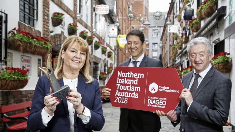Preparing for the 40th Northern Ireland Tourism Awards on May 24 are host Maxine Mawhinney with Jorge Lopes (centre) of Diageo and John McGrillen, chief executive Tourism NI. Photo: Darren Kidd/PressEye 