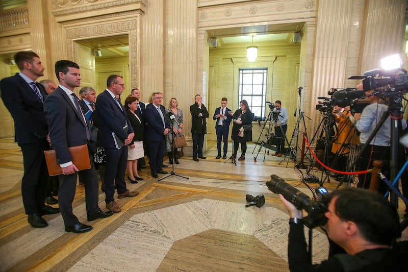 DUP leader Sir Jeffrey Donaldson speaks to the media at Stormont today. Picture by Mal McCann