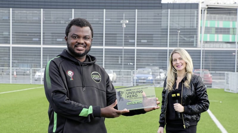 Adekanmi Abayomi, the winner of this year&rsquo;s BBC Sport NI Unsung Hero Award for Northern Ireland, with BBC Sport NI reporter Nicola McCarthy Adekanmi is BBC Sport NI&rsquo;s Unsung Hero For 2020 