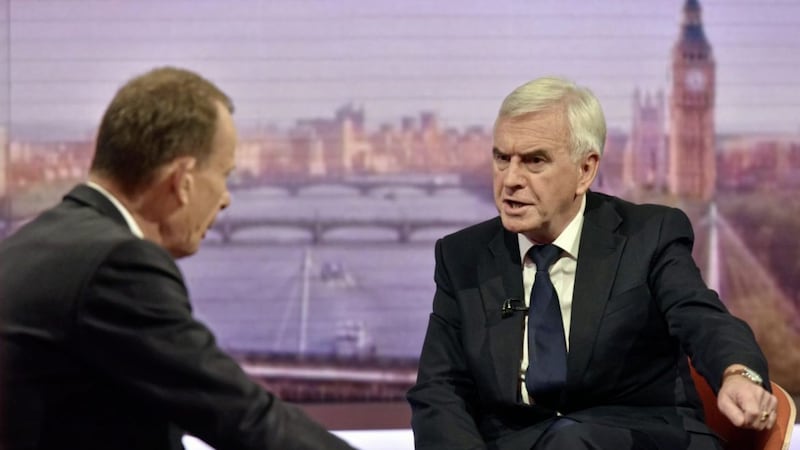 Shadow chancellor John McDonnell being interviewed by Andrew Marr has said talks should take place about Northern Ireland remaining in the customs union. 
