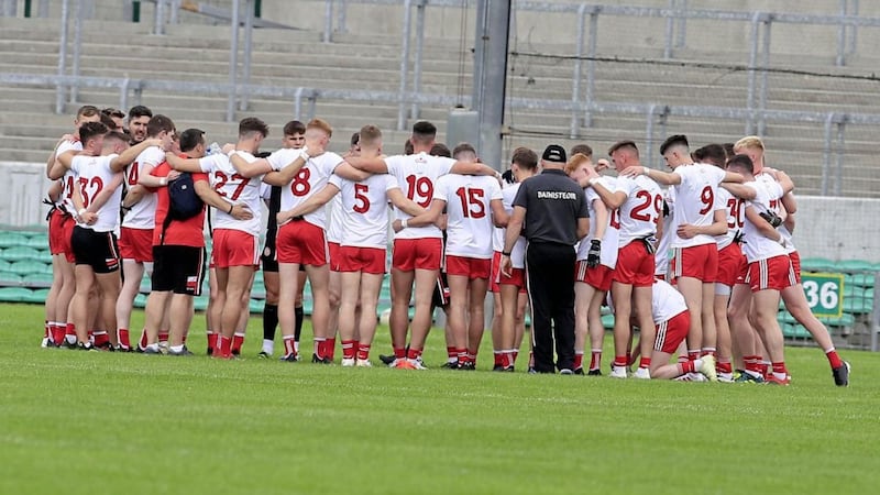 Tyrone assemble before the EirGrid GAA Football All-Ireland U20 Championship semi-final against Cork at Bord Na Mona O Connor Park in Tullamore. Pic Philip Walsh 
