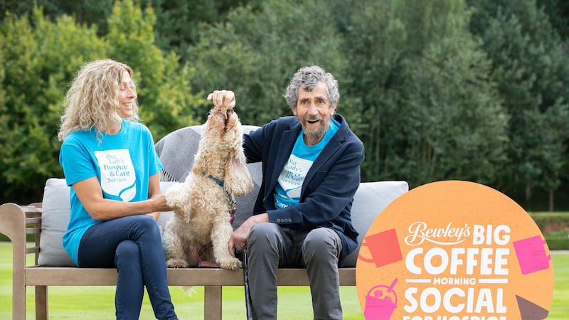 Charlie Bird with his wife Claire and dog Tiger as he launched an appeal for businesses and the public to get involved in Bewley’s Big Coffee Morning Social for Hospice (Bryan Brophy/1IMAGE Photography/PA)