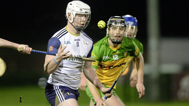 Ulster University&#39;s Deaghlan Mallon and Donegal&#39;s Brian McIntyre during the Conor McGurk Cup in final at the Dub on Thursday night.