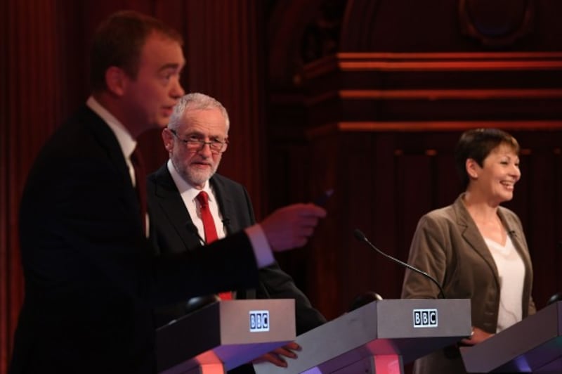 Liberal Democrats leader Tim Farron, Labour leader Jeremy Corbyn and Green Party co-leader Caroline Lucas