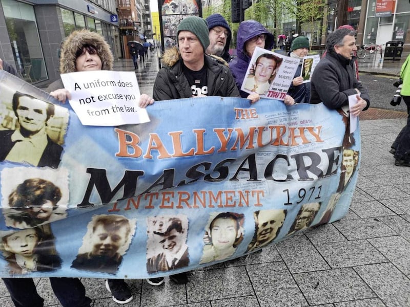 The Ballymurphy Massacre families stage a peaceful counter protest outside Belfast city hall on Saturday during a rally in support of soldier F
