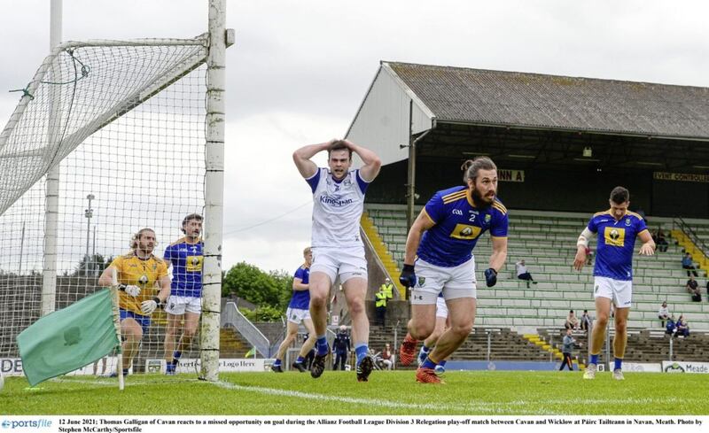 Cavan midfielder Thomas Galligan rues as a missed on goal as the Breffnimen slipped to a Division Three relegation play-off defeat against Wicklow in Navan. Picture by Sportsfile 
