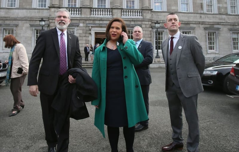 Sinn F&eacute;in&#39;s Gerry Adams, Mary Lou McDonald, Aengus O Snodaigh and Maurice Quinlivan outside Leinster House in Dublin 
