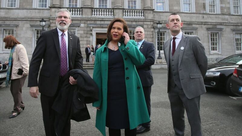 Sinn F&eacute;in&#39;s Gerry Adams, Mary Lou McDonald, Aengus O Snodaigh and Maurice Quinlivan outside Leinster House in Dublin 