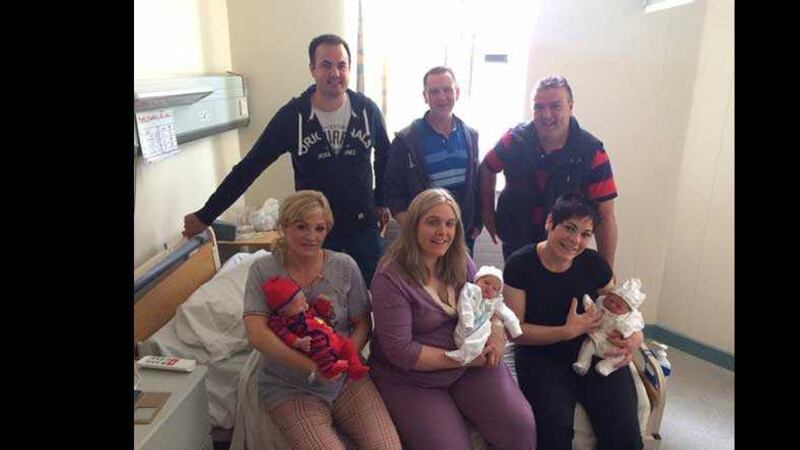 Mairead Fitzpatrick, Joeline Godfrey and Bernie Ward with Thomas Og, Sorcha and Phelim and their dads. Picture by Sinead Hussey, RTE, on Twitter