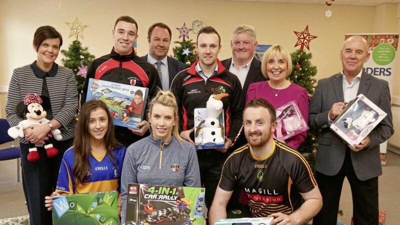 Pictured at the launch of Saffronaid2 are, from left (back):  Sin&eacute;ad Steele, Saffronaid co-ordinator;  Declan Lynch, L&aacute;mh Dhearg;  Sean Kelly, Antrim GAA PRO; Chris O?Connell, Loughgiel; Archie Kinney, SVP Regional Vice President; Pauline Brown, SVP Regional Manager and Brendan O?Neill, SVP Regional President. From left (front):  Marie Therese Fleming, Rossa; Niamh Donnelly, Ballycastle and senior footballer and hurler Phil Curran, Naomh &Eacute;anna GAC. 