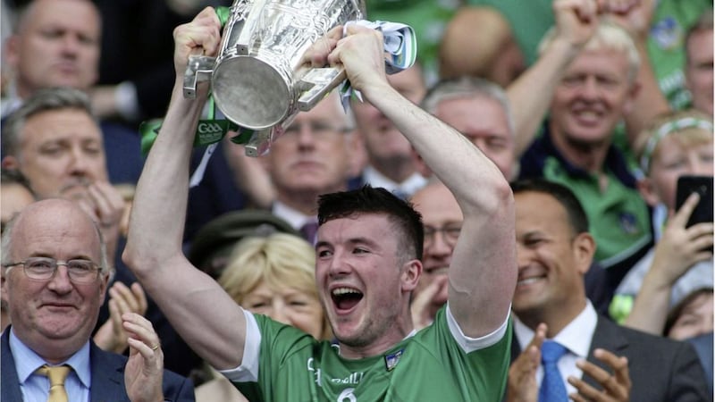Limerick&#39;s Declan Hannon with the Liam MacCarthy Cup Picture by Hugh Russell 