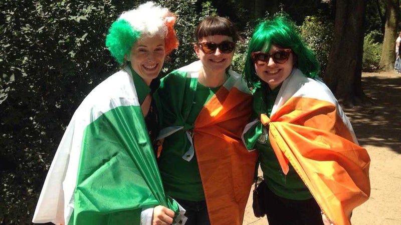 From left to right; Deirdre Ni Shuilleabhain, Edwina Stack and Claire Quiney soak up the atmosphere in the fanzone ahead of the Republic&#39;s game with France. Picture by Maeve Connolly 