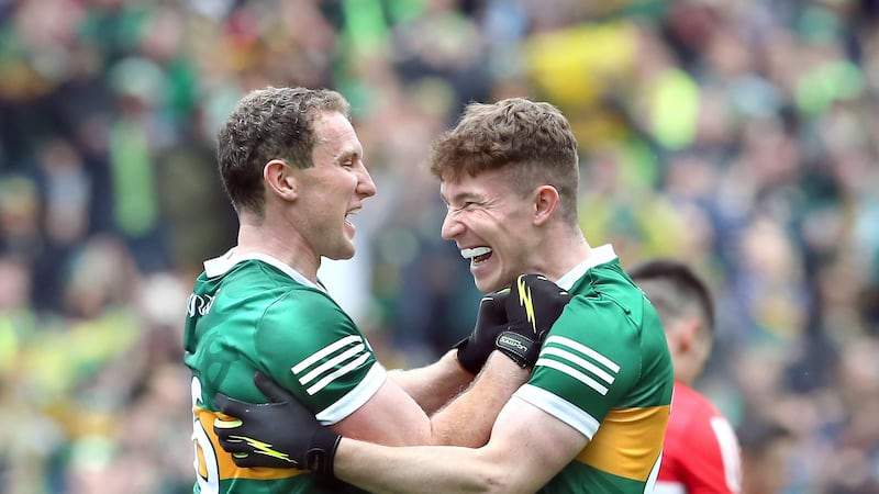 Tadhg Morley (left) celebrates with Ruairi Murphy after Kerry's win over Derry. Morley's role has been central for Kerry and in pulling him out of it on Sunday, Derry exposed the humanness of the Kingdom's defence. Picture Margaret McLaughlin
