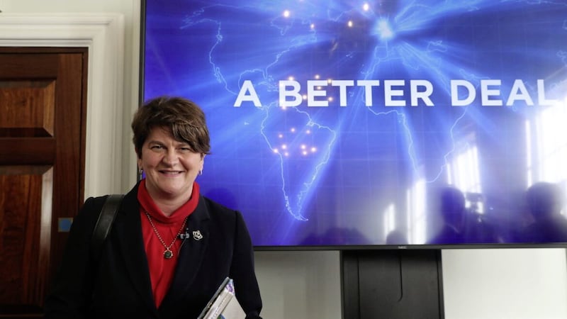 Arlene Foster, pictured in 2019 while she was DUP leader, at &#39;A Better Deal&#39; event in London advocating a rejection of then prime minister Theresa May&#39;s Brexit deal 