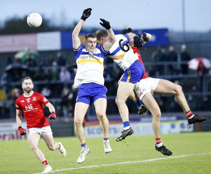 Niall Donnelly keeps a close watch on the break ball during Trillick's county final clash with Errigal Ciaran