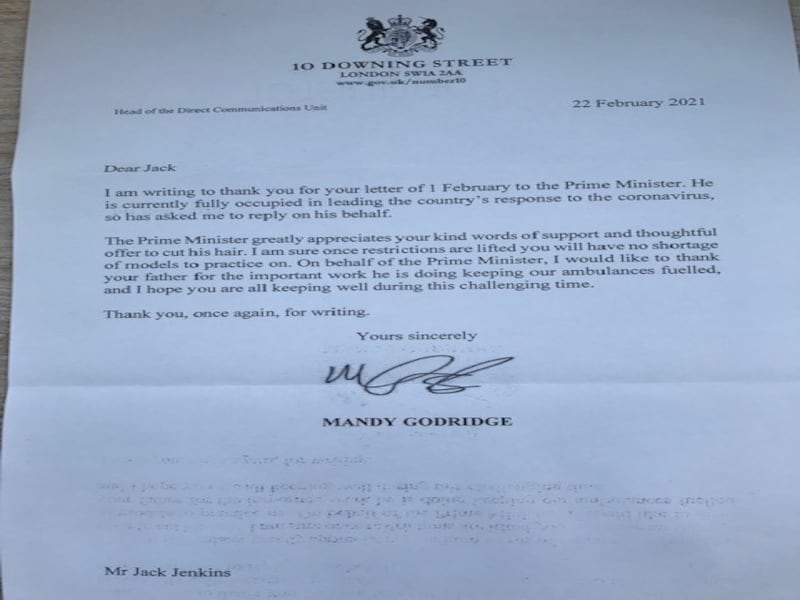 Jack Jenkins received a letter from Number 10 praising him for his 'thoughtful offer' to cut Boris Johnson's hair (Jack Jenkins/ PA)