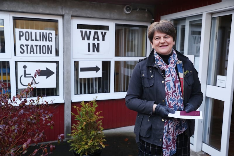 DUP leader Arlene Foster arrives at a polling station in Enniskillen to cast her vote in the 2019 General Election. Brian Lawless/PA Wire