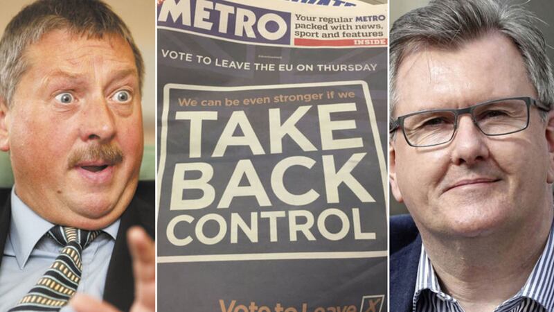 Jeffrey Donaldson (right) defended the DUP's Brexit record, vocally articulated on numerous occasions by the party's Brexit spokesman Sammy Wilson (left). The DUP took out an advertisement promoting a Leave vote in London's Metro newspaper&nbsp;