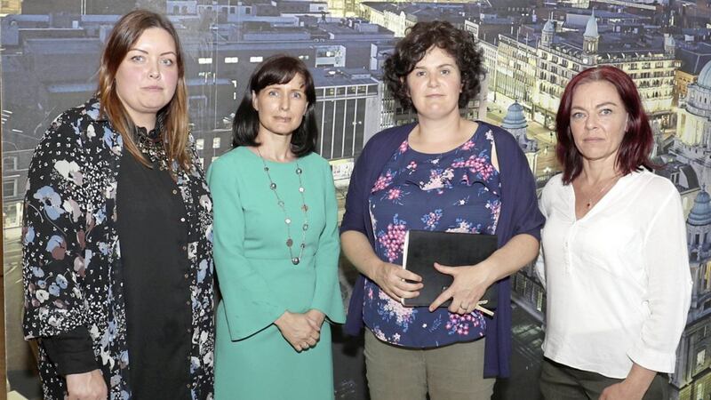 Sinn F&eacute;in's Deirdre Hargey, Alliance's Paula Bradshaw, the SDLP's Claire Hanna and the Green Party's Clare Bailey after meeting Victoria Place residents. Picture by Declan Roughan