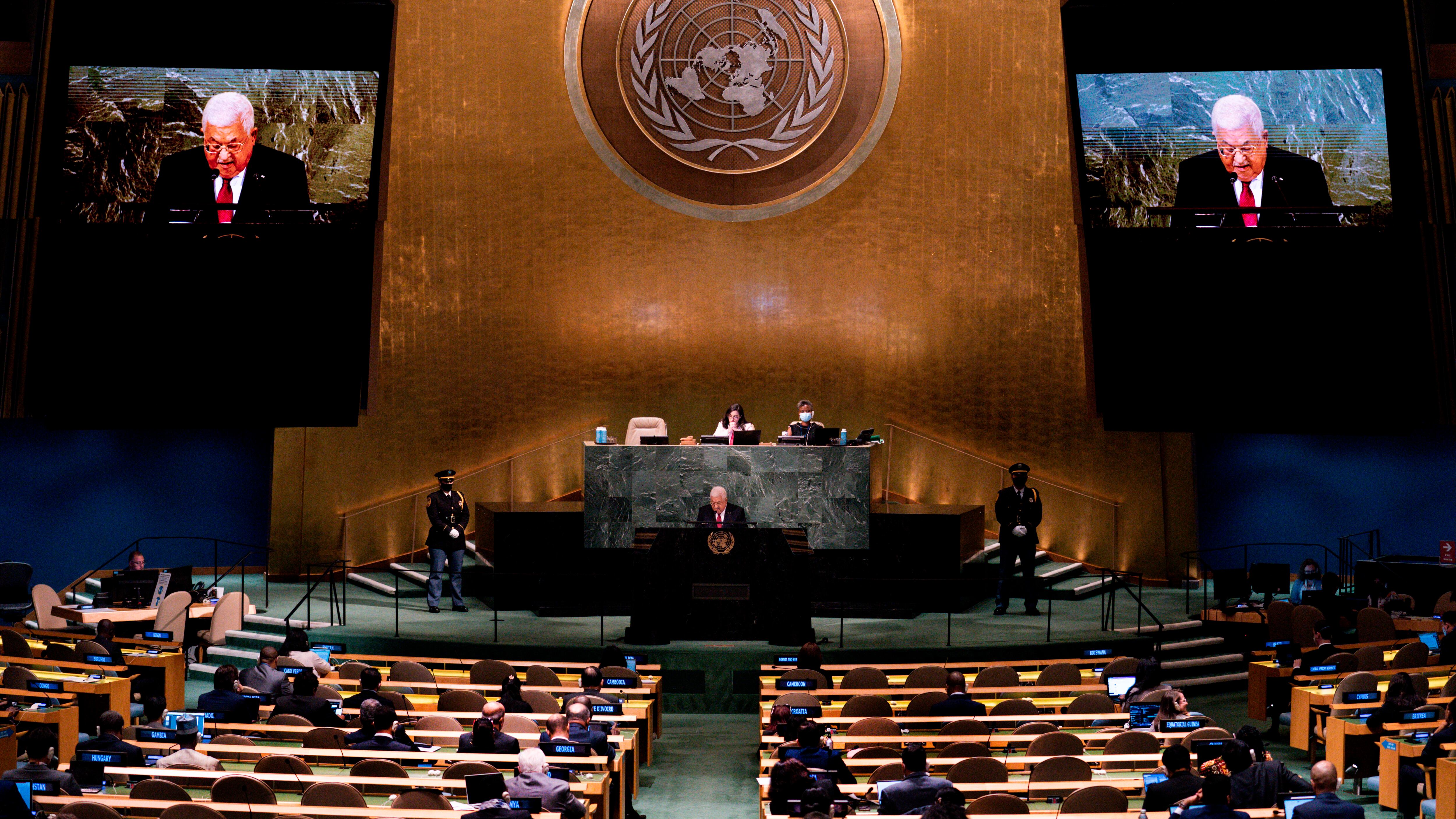Mahmoud Abbas addressing the 77th session of the United Nations General Assembly in 2022 (Julia Nikhinson/AP)