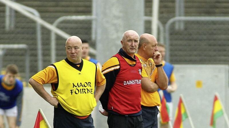 Antrim joint managers (l-r) Gary O&#39;Kane, Dominic McKinley and Terence McNaughton in Carlow last weekend Picture: Seamus Loughran 
