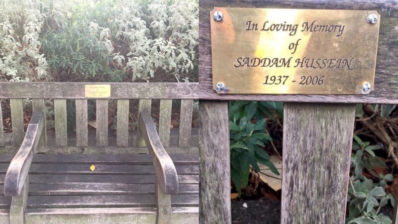 A plaque appeared on a bench in Wanstead with the Iraqi dictator’s dates of birth and death.