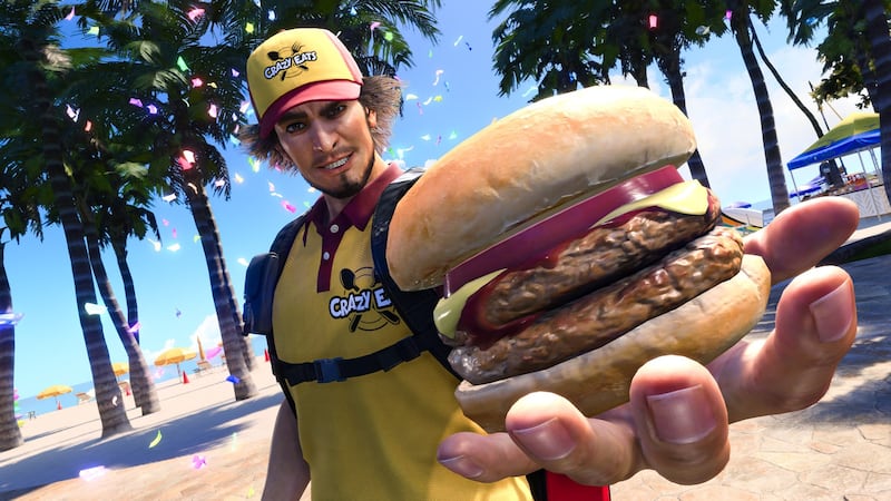 A character from Like a Dragon: Infinite Wealth brandishes a tasty burger