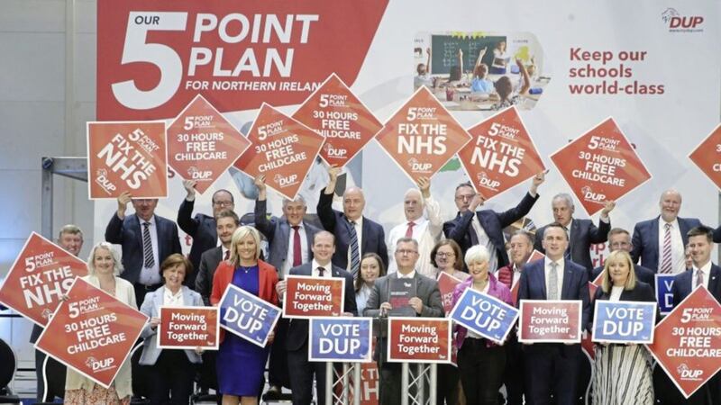 DUP leader Sir Jeffrey Donaldson with his party&#39;s assembly candidates at yesterday&#39;s manifesto launch. Picture by Hugh Russell 
