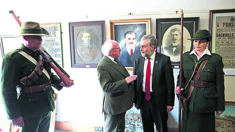 President Micheal D Higgins chats to SIPTU Chief Jack O'Connor the Ceremonial event for the Irish Citizen Army and James Connolly, Liberty Hall. Picture by Maxwells/Press Association
