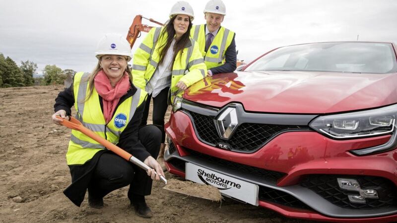 Shelbourne Motors has appointed local building contractor O&rsquo;Hare &amp; McGovern to build its new &pound;5m multi-franchise facility in Newry. Pictured are: Caroline Willis, financial director at Shelbourne Motors; Louise Hyde, project architect at Clarman Architects and Martin Lennon, managing director of O&rsquo;Hare &amp; McGovern. 