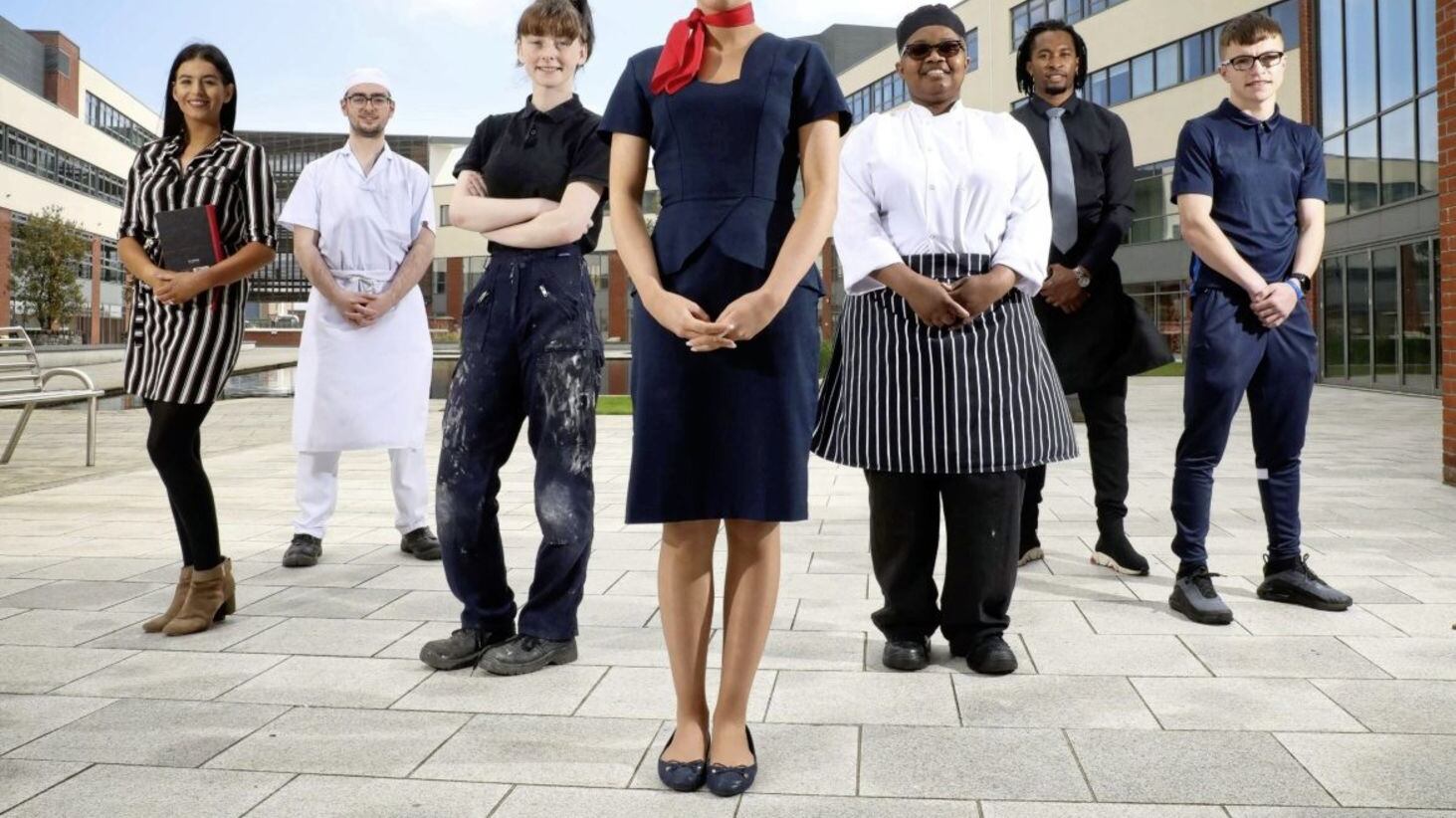 FE FOR ME: Former business management student Aimee McWilliams, catering student Adam Aston, plumbing apprentice Shannon Neilly, aviation student Laura Rutherford, catering students Juvaldino Baretto and Adenike Yisa lawal and Boxing Academy student Jack Haighton 